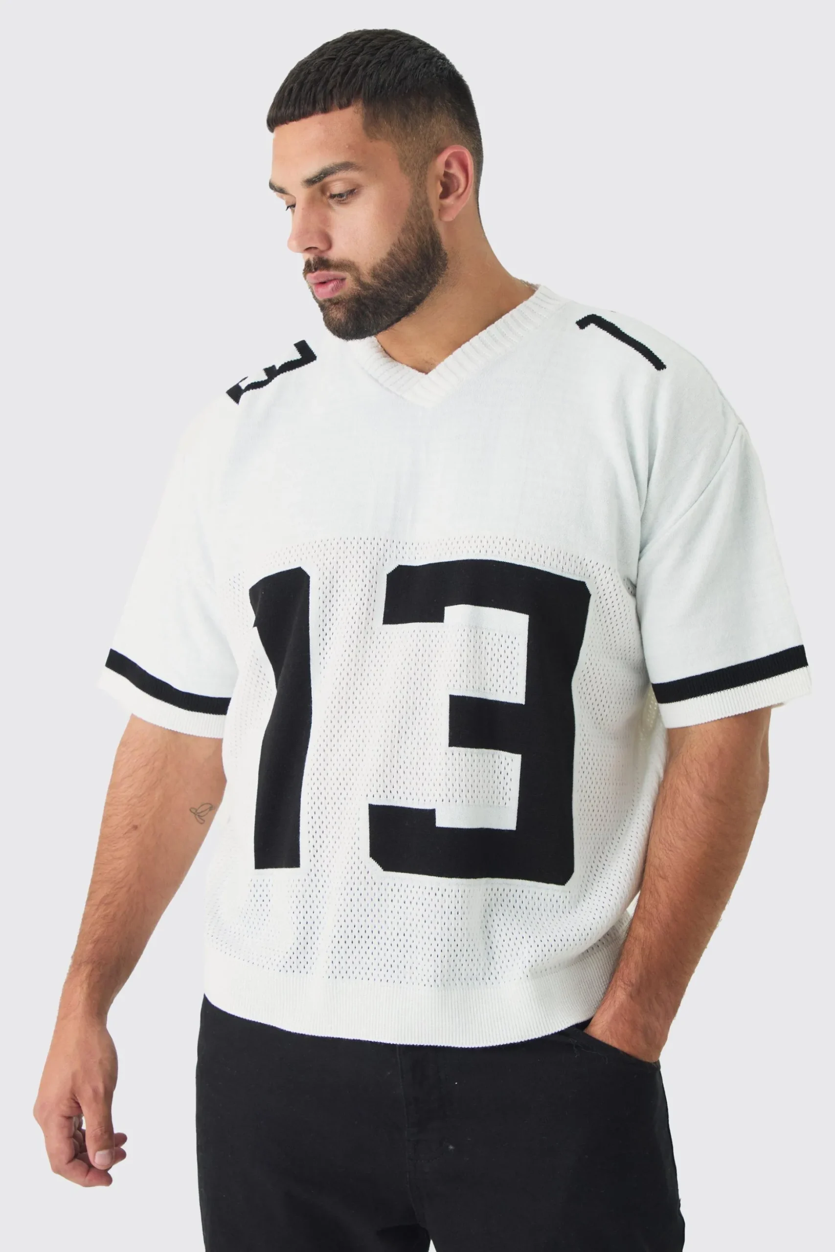 Plus Open Stitch Varsity Short Sleeve Jumper | BoohooMAN UK