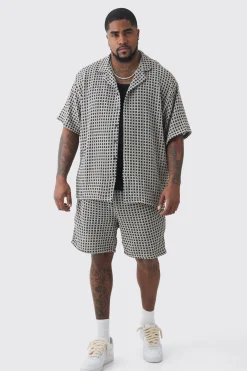 Plus Open Weave Oversized Shirt & Short Set | BoohooMAN UK