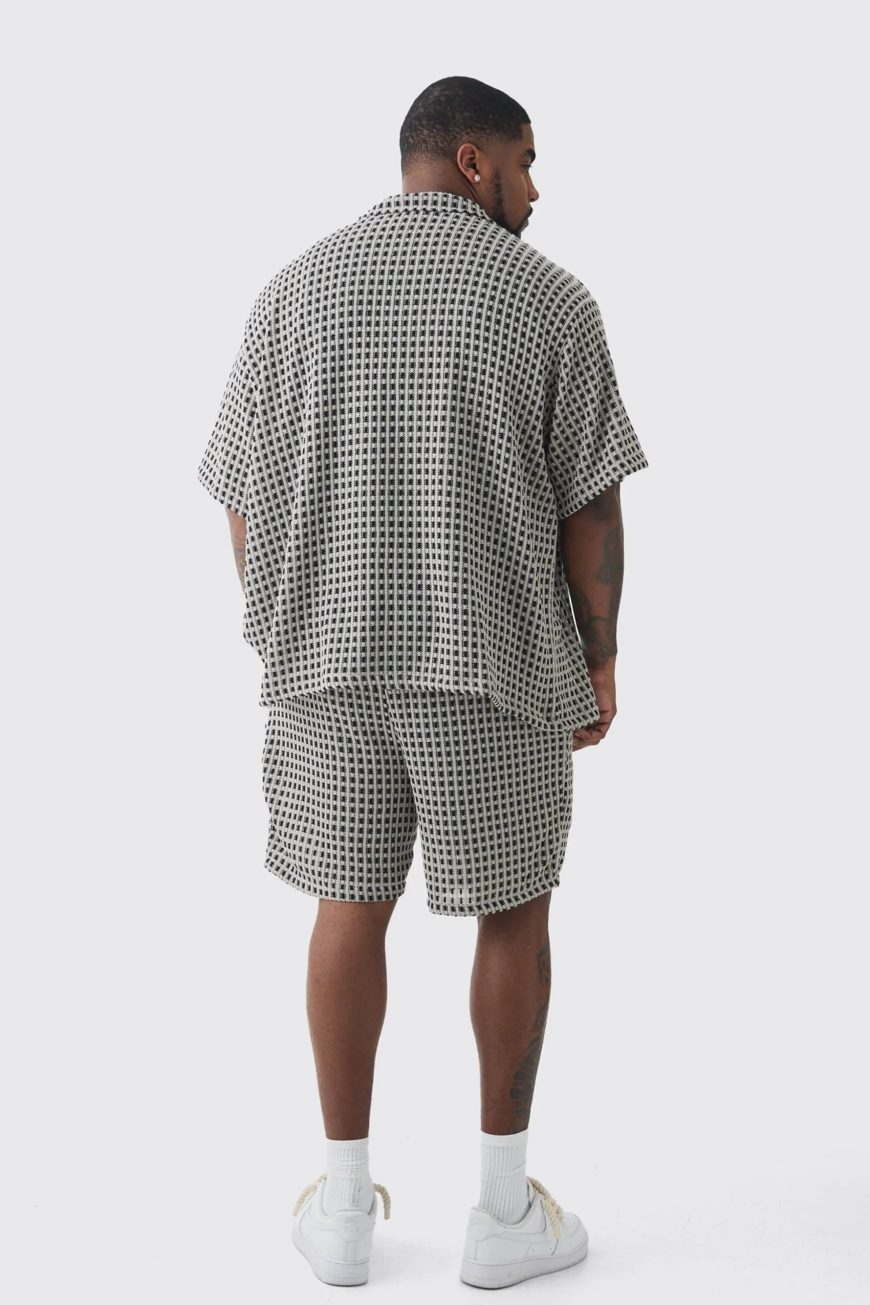 Plus Open Weave Oversized Shirt & Short Set | BoohooMAN UK
