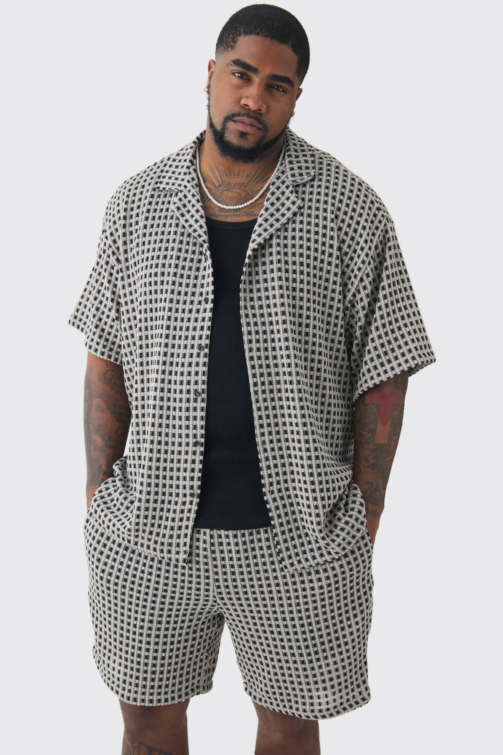 Plus Open Weave Oversized Shirt & Short Set | BoohooMAN UK