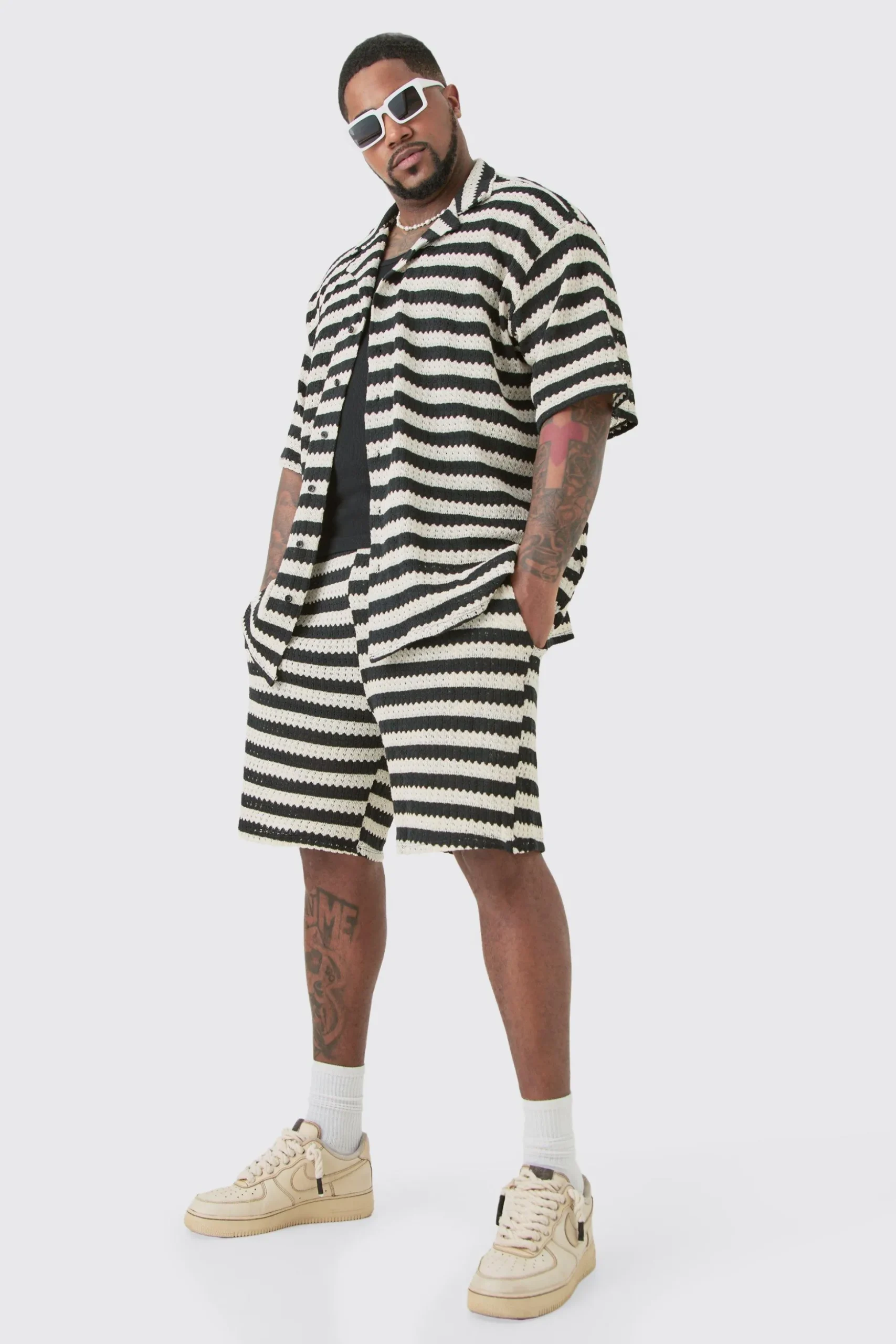 Plus Open Weave Oversized Shirt & Short Set | BoohooMAN UK