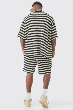 Plus Open Weave Oversized Shirt & Short Set | BoohooMAN UK