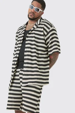 Plus Open Weave Oversized Shirt & Short Set | BoohooMAN UK