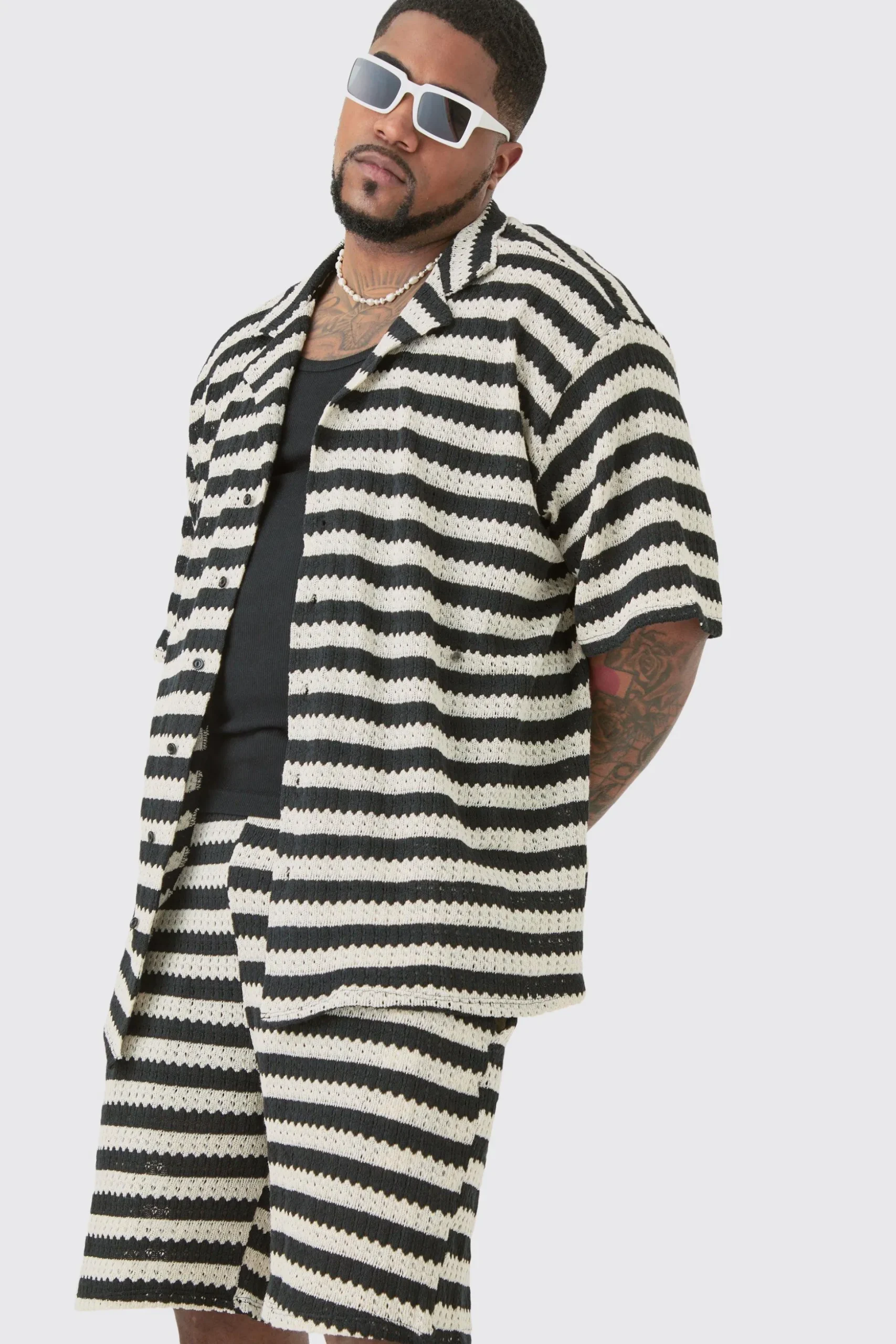 Plus Open Weave Oversized Shirt & Short Set | BoohooMAN UK
