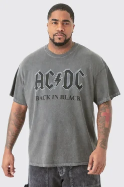 Plus Oversize Acdc Acid Wash License T-shirt Grey | BoohooMAN UK