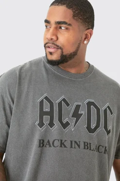 Plus Oversize Acdc Acid Wash License T-shirt Grey | BoohooMAN UK