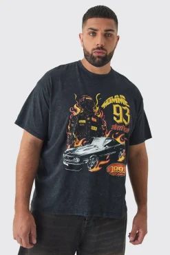 Plus Oversized Acid Washed Moto Print T-Shirt | BoohooMAN UK
