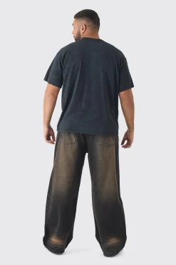 Plus Oversized Acid Washed Moto Print T-Shirt | BoohooMAN UK