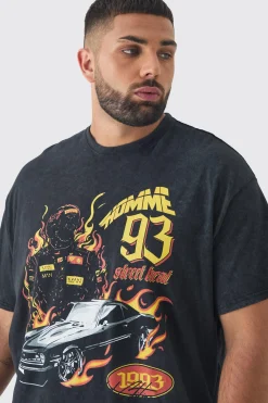 Plus Oversized Acid Washed Moto Print T-Shirt | BoohooMAN UK