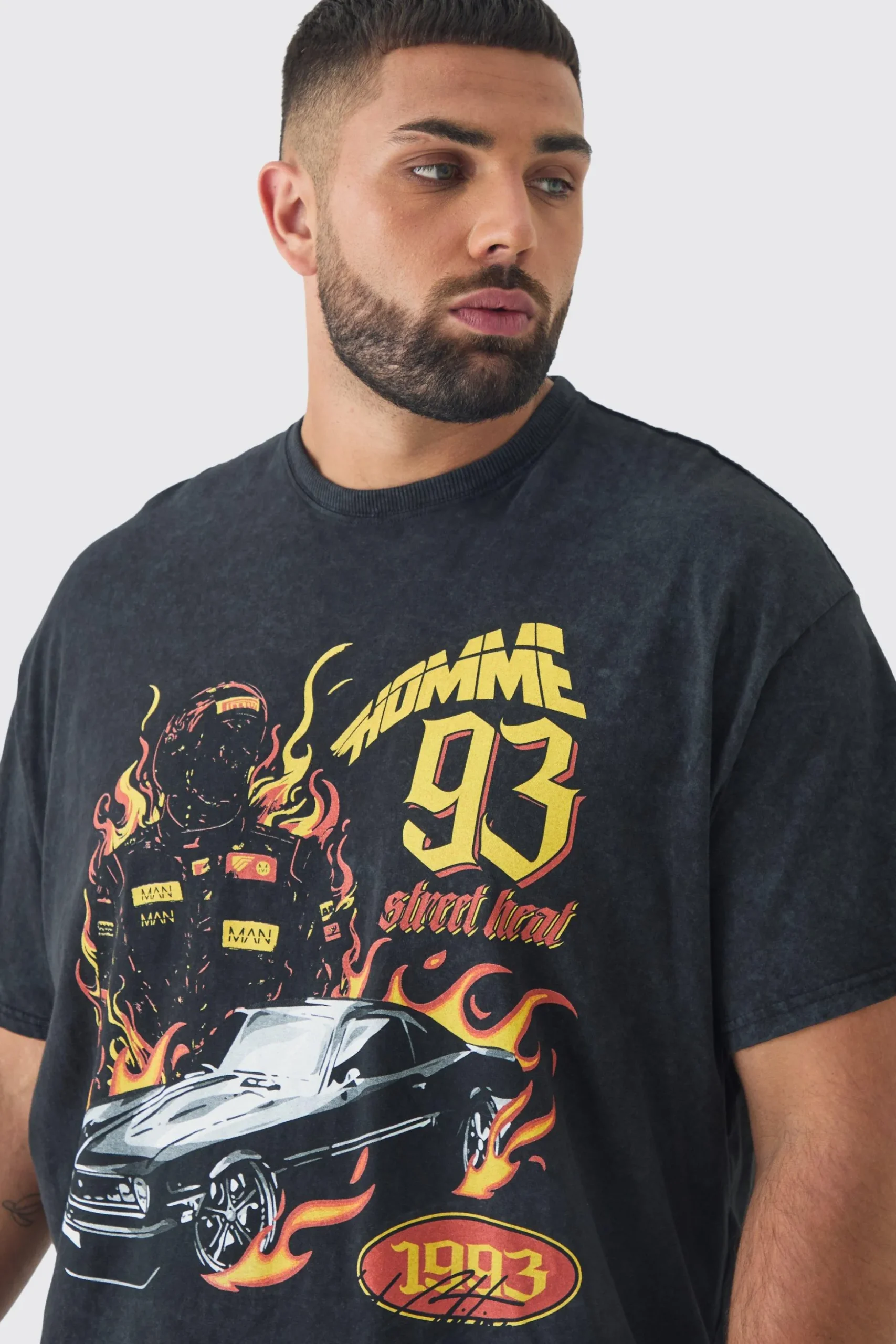 Plus Oversized Acid Washed Moto Print T-Shirt | BoohooMAN UK