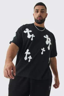 Plus Oversized Airbrush Cross Print T-Shirt | BoohooMAN UK