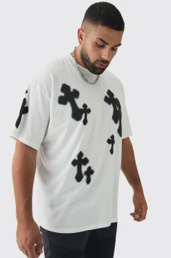 Plus Oversized Airbrush Cross Print T-Shirt | BoohooMAN UK