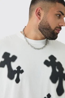 Plus Oversized Airbrush Cross Print T-Shirt | BoohooMAN UK