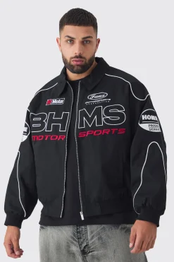 Plus Oversized Badge Twill Moto Jacket In Black | BoohooMAN UK