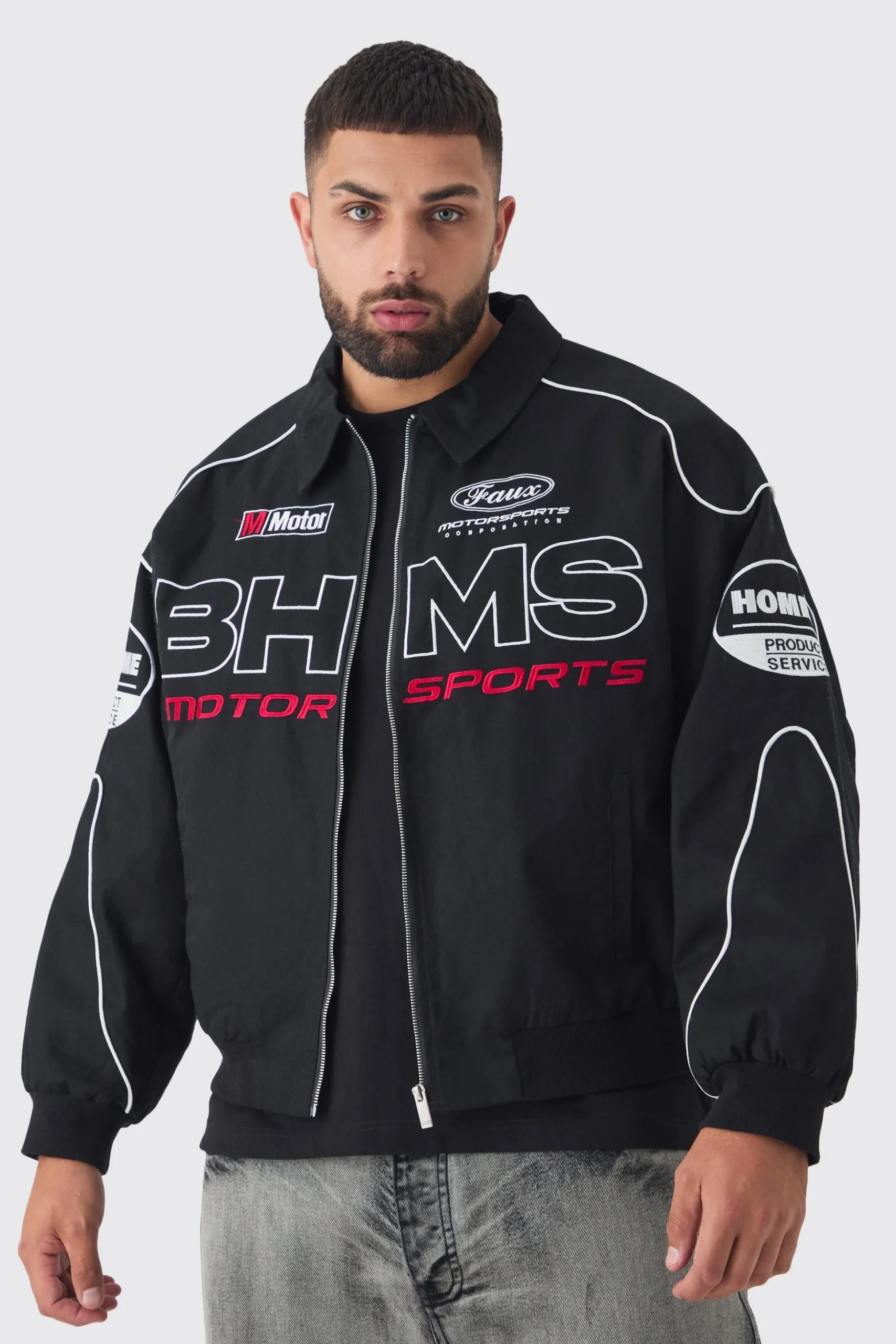 Plus Oversized Badge Twill Moto Jacket In Black | BoohooMAN UK