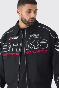 Plus Oversized Badge Twill Moto Jacket In Black | BoohooMAN UK