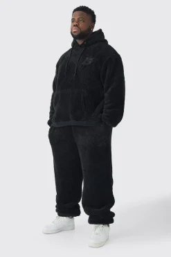 Plus Oversized Borg Embroidered Hooded Tracksuit | BoohooMAN UK