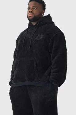 Plus Oversized Borg Embroidered Hooded Tracksuit | BoohooMAN UK