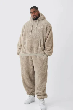 Plus Oversized Borg Embroidered Hooded Tracksuit | BoohooMAN UK