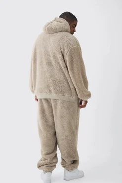 Plus Oversized Borg Embroidered Hooded Tracksuit | BoohooMAN UK