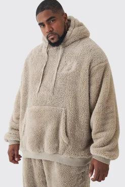 Plus Oversized Borg Embroidered Hooded Tracksuit | BoohooMAN UK