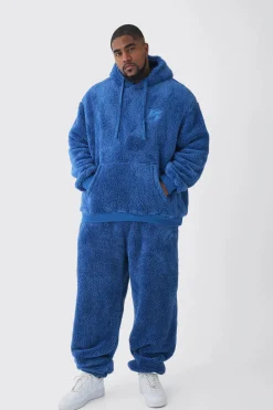 Plus Oversized Borg Embroidered Hooded Tracksuit | BoohooMAN UK