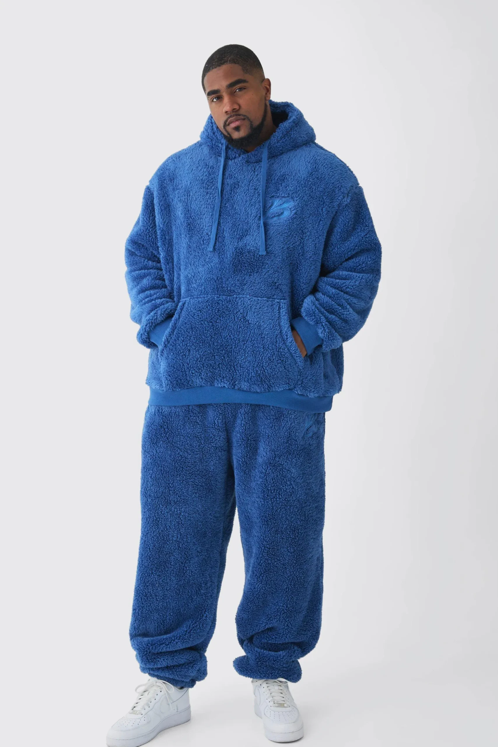 Plus Oversized Borg Embroidered Hooded Tracksuit | BoohooMAN UK