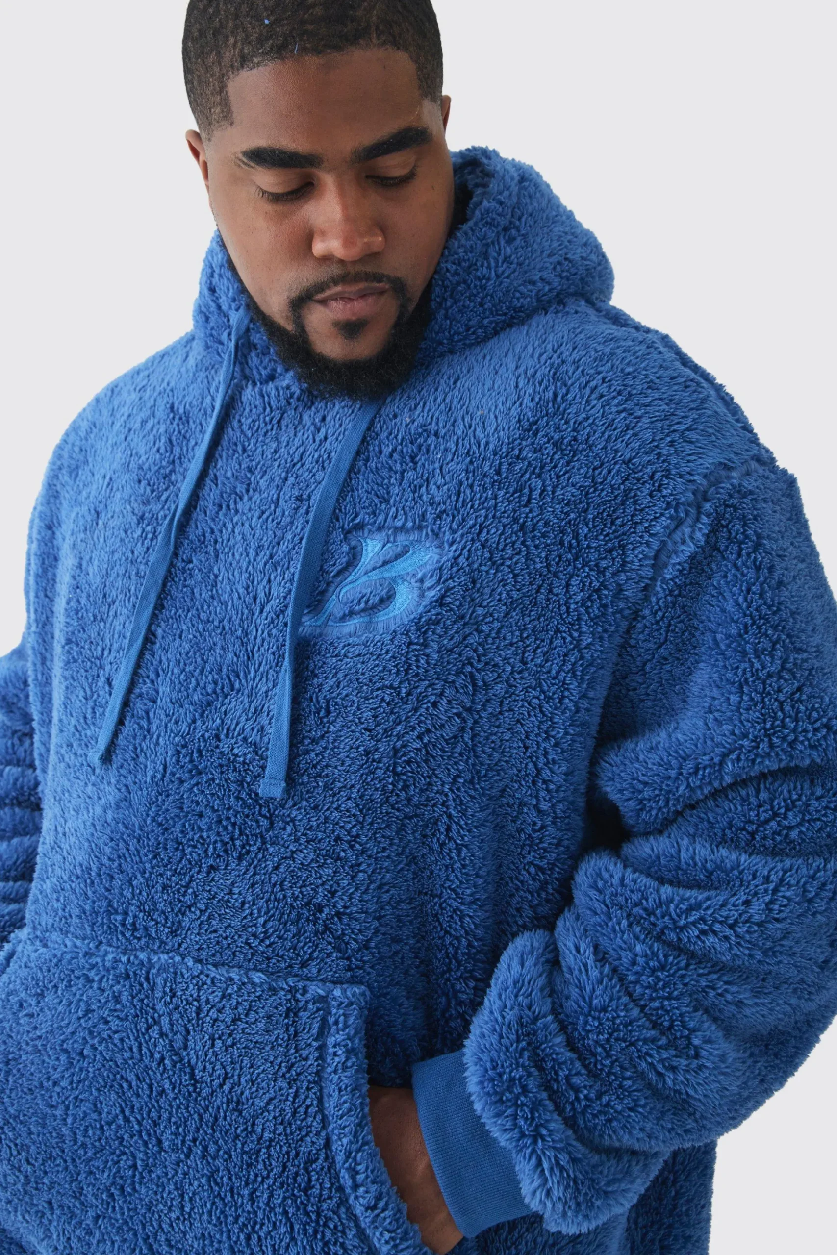 Plus Oversized Borg Embroidered Hooded Tracksuit | BoohooMAN UK