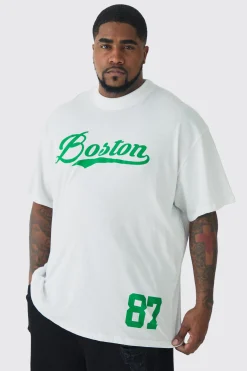 Plus Oversized Boston Varsity Print T-shirt | BoohooMAN UK