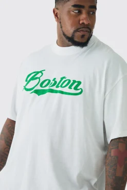 Plus Oversized Boston Varsity Print T-shirt | BoohooMAN UK