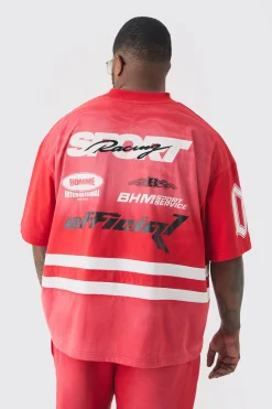 Plus Oversized Boxy Extended Neck Washed Applique Moto Tshirt | BoohooMAN UK