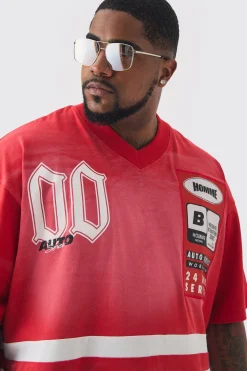 Plus Oversized Boxy Extended Neck Washed Applique Moto Tshirt | BoohooMAN UK