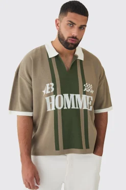 Plus Oversized Boxy Football Knitted Polo Shirt | BoohooMAN UK