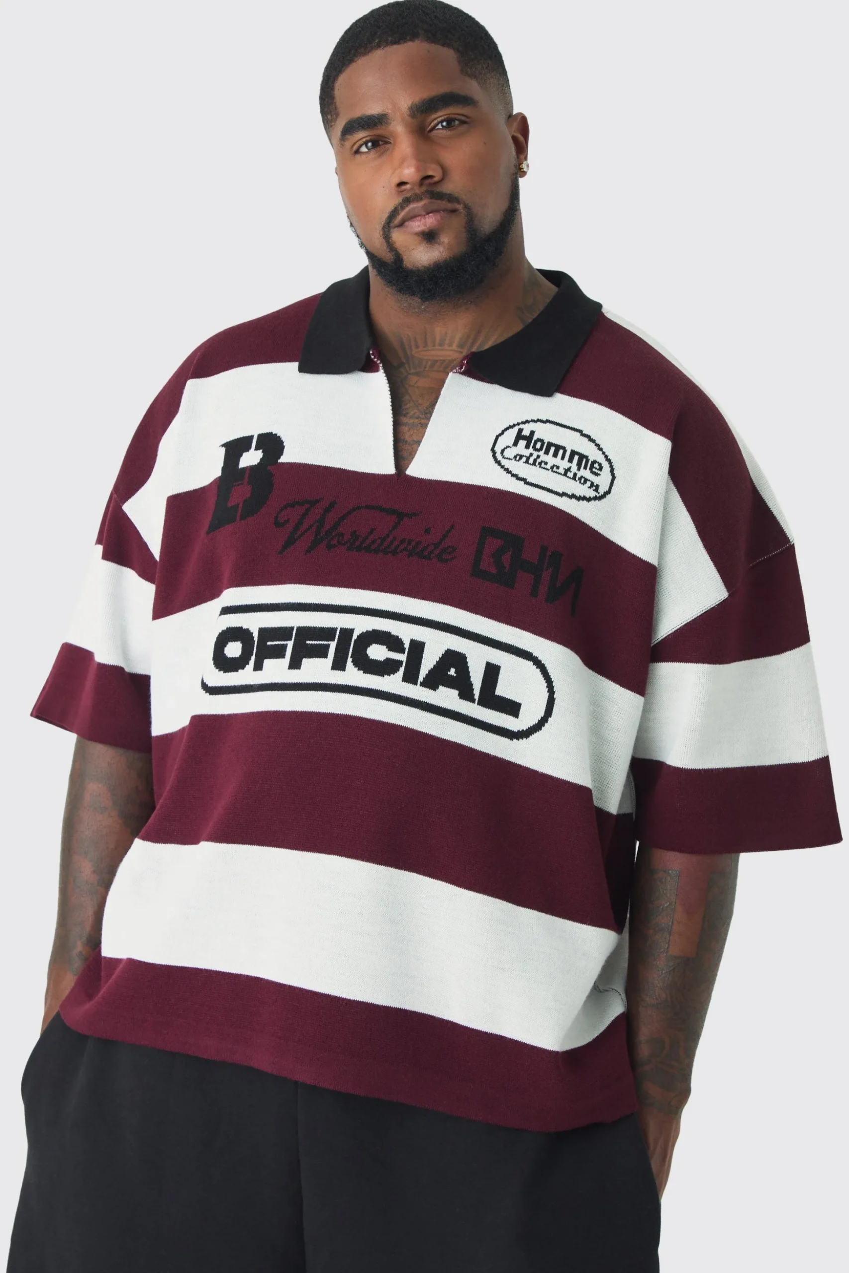 Plus Oversized Boxy Football Knitted Polo Shirt | BoohooMAN UK