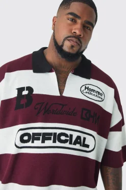 Plus Oversized Boxy Football Knitted Polo Shirt | BoohooMAN UK