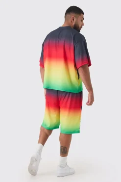 Plus Oversized Boxy Mesh Applique Ombre Printed T-shirt | BoohooMAN UK