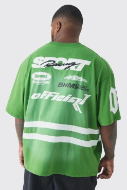 Plus Oversized Boxy Neck Washed Applique Moto T-shirt | BoohooMAN UK
