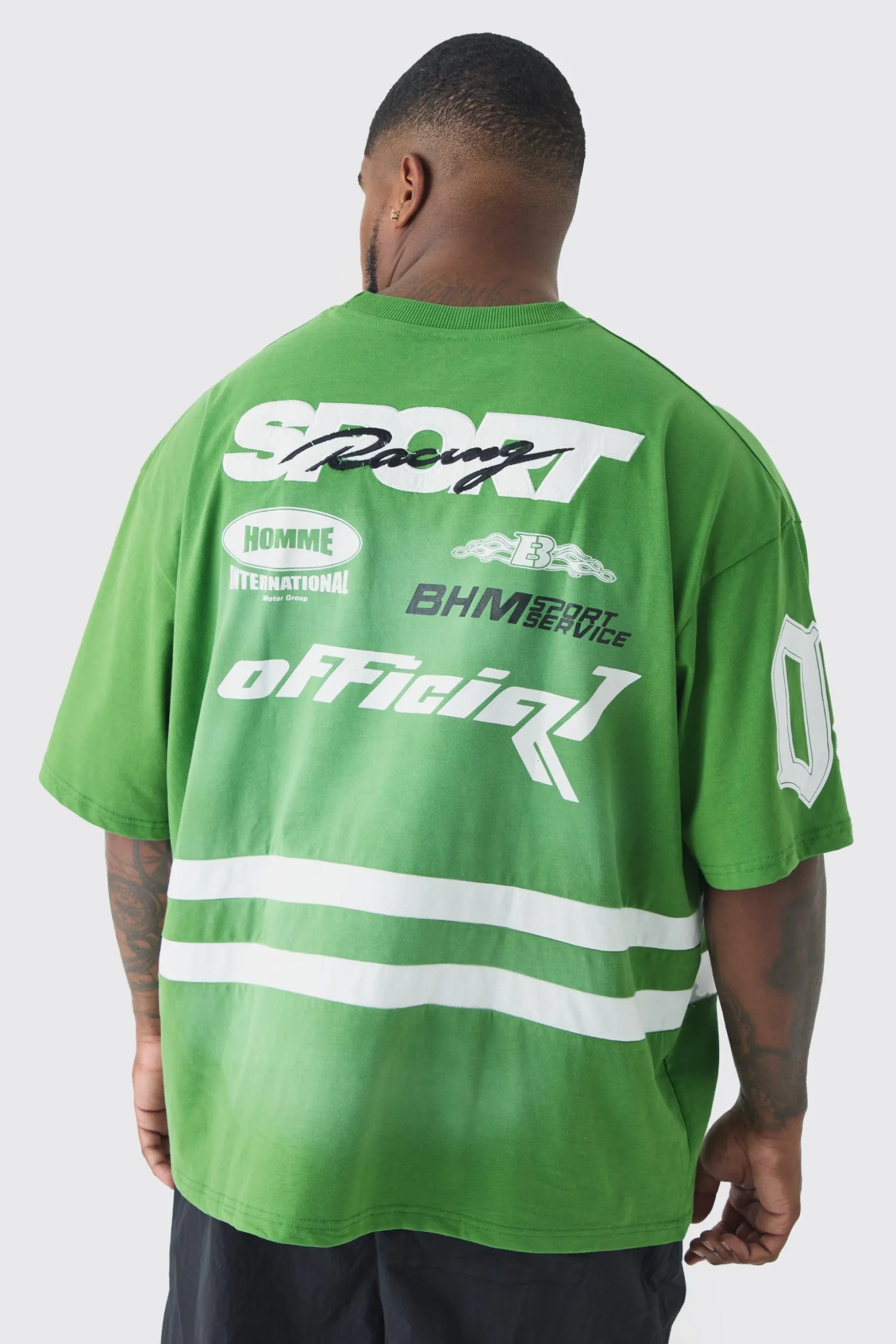 Plus Oversized Boxy Neck Washed Applique Moto T-shirt | BoohooMAN UK