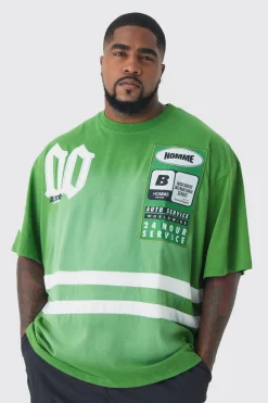 Plus Oversized Boxy Neck Washed Applique Moto T-shirt | BoohooMAN UK