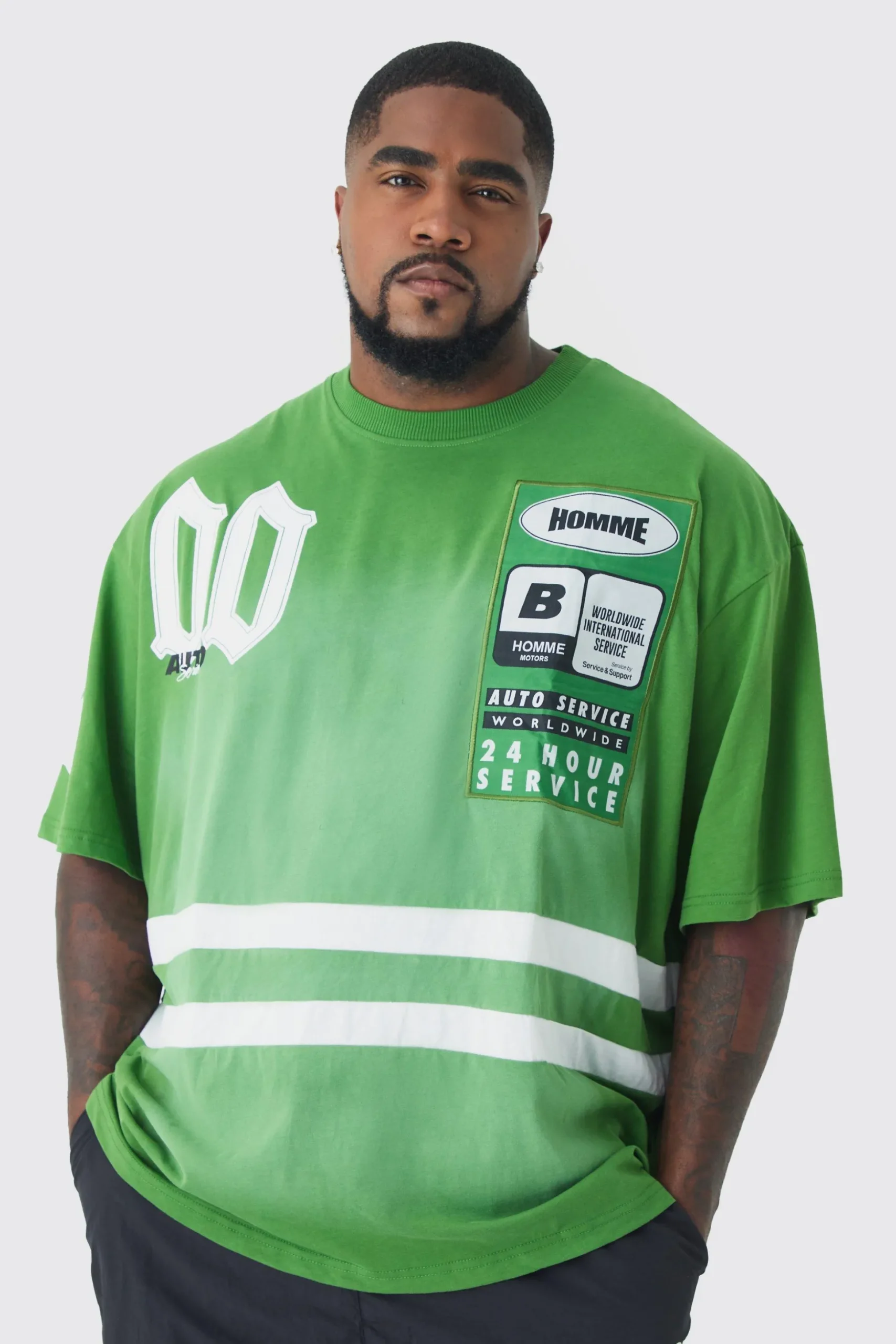 Plus Oversized Boxy Neck Washed Applique Moto T-shirt | BoohooMAN UK