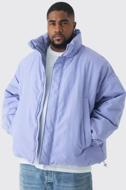 Plus Oversized Boxy Padded Funnel Neck Coat In Lilac | BoohooMAN UK