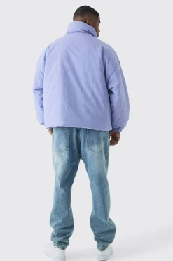 Plus Oversized Boxy Padded Funnel Neck Coat In Lilac | BoohooMAN UK