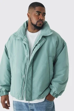 Plus Oversized Boxy Padded Funnel Neck Coat In Sage | BoohooMAN UK