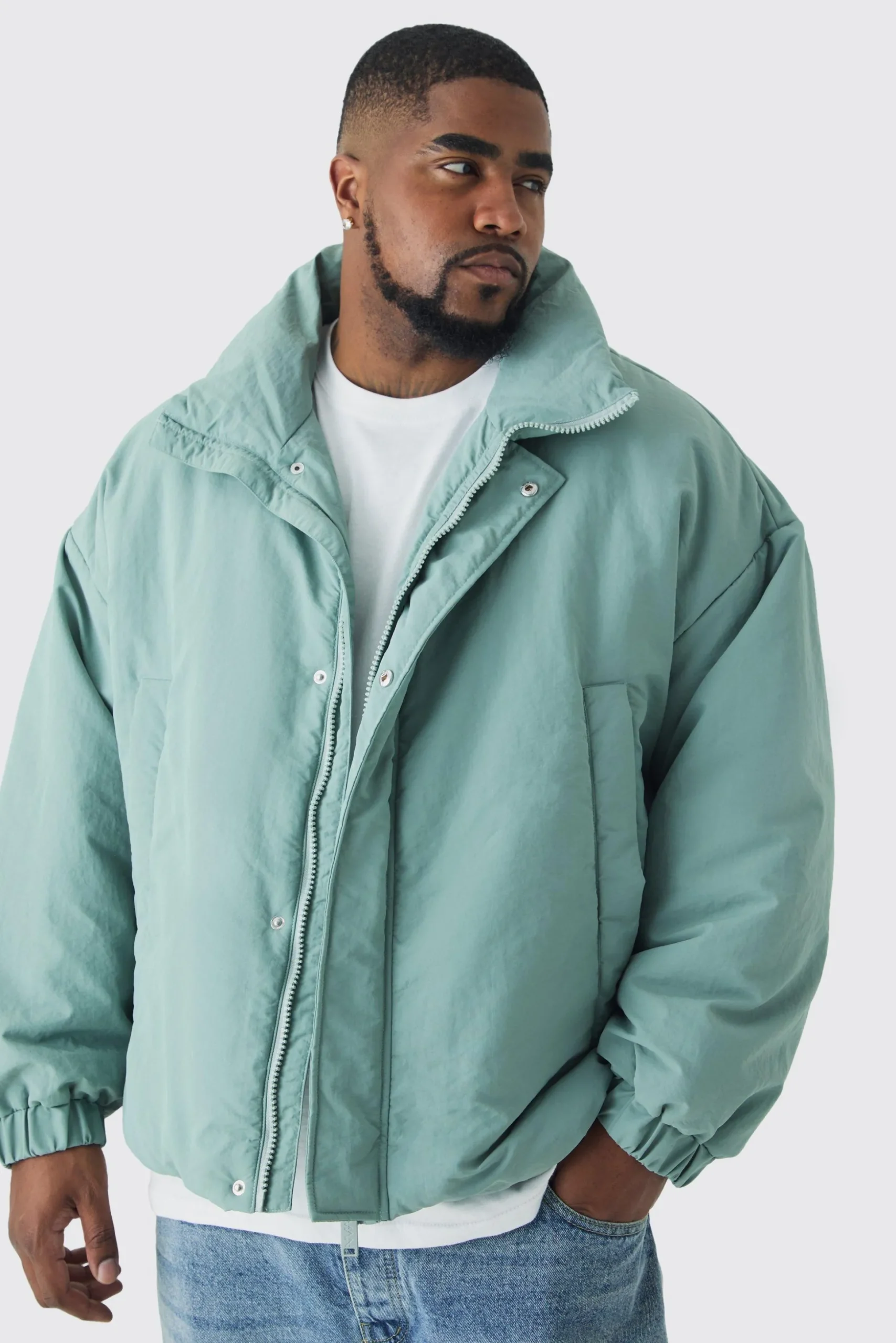 Plus Oversized Boxy Padded Funnel Neck Coat In Sage | BoohooMAN UK