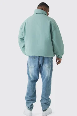 Plus Oversized Boxy Padded Funnel Neck Coat In Sage | BoohooMAN UK
