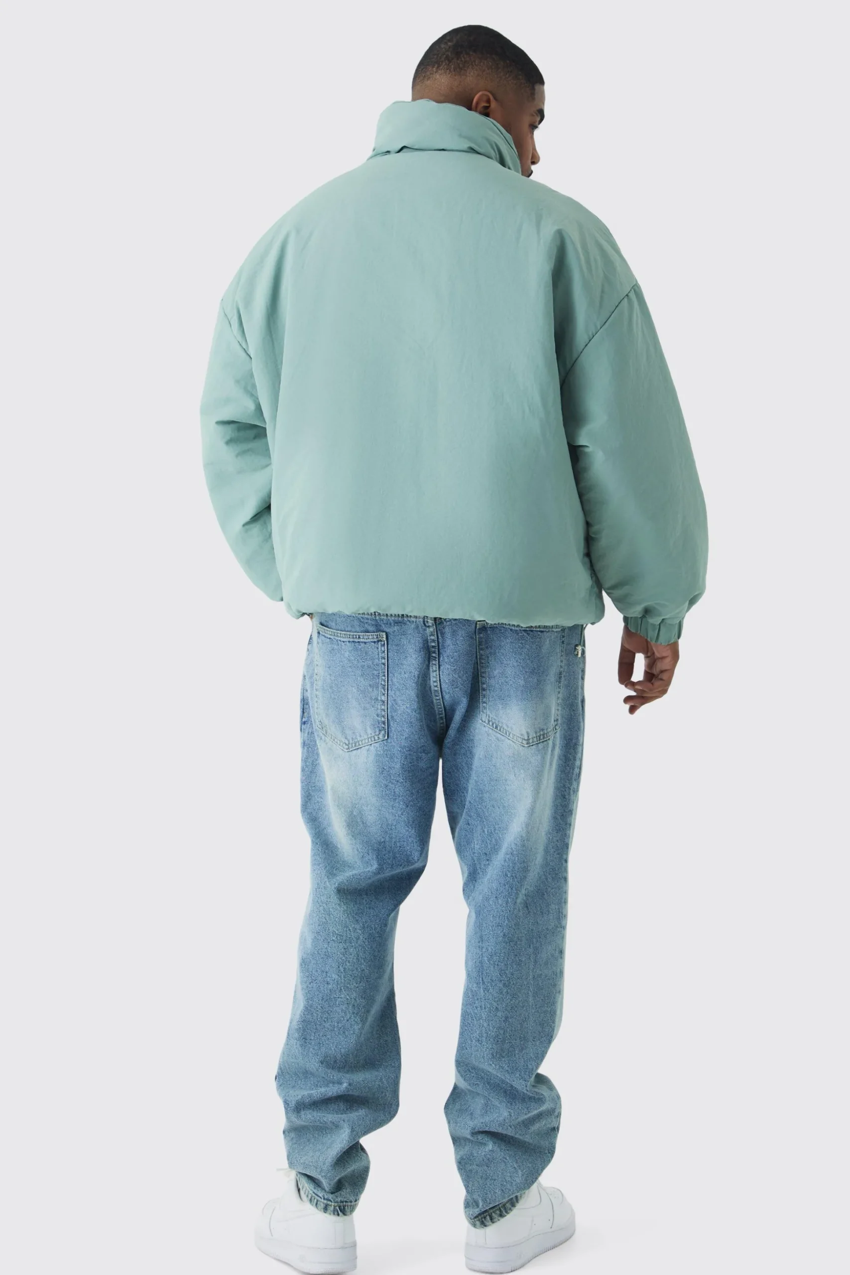 Plus Oversized Boxy Padded Funnel Neck Coat In Sage | BoohooMAN UK