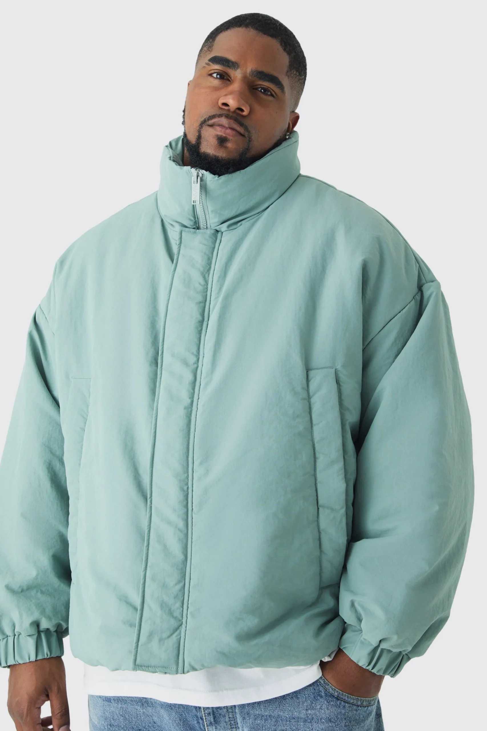 Plus Oversized Boxy Padded Funnel Neck Coat In Sage | BoohooMAN UK