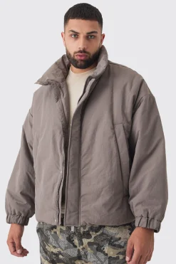 Plus Oversized Boxy Padded Funnel Neck Coat In Charcoal | BoohooMAN UK