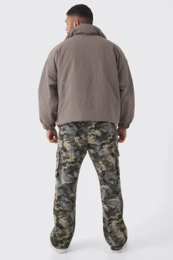 Plus Oversized Boxy Padded Funnel Neck Coat In Charcoal | BoohooMAN UK