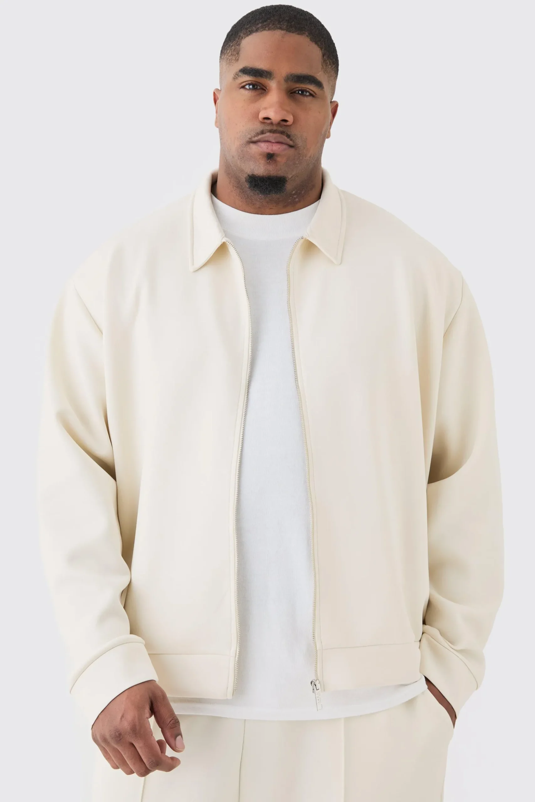Plus Oversized Boxy Scuba Embossed Harrington | BoohooMAN UK